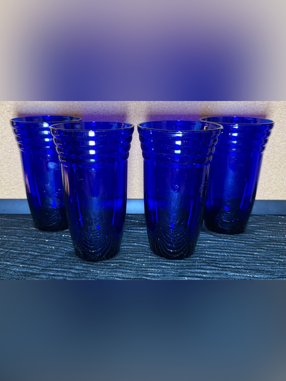 4-Piece Set Highball Bormioli Rocco Forum Saphir Cobalt Blue Ribbed Glasses Vtg